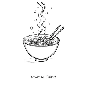 Desenho para colorir de uma tigela de ramen fumegante com palitos apoiados