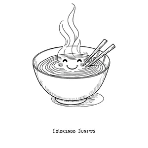 Desenho para colorir de uma tigela de ramen kawaii com carinha sorridente