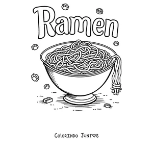 Desenho para colorir com a palavra Ramen em letras e uma tigela de macarrão