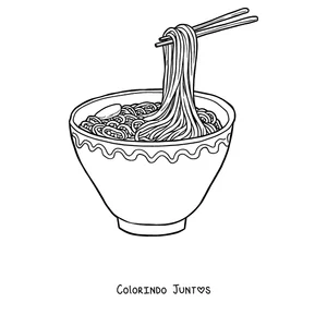 Desenho para colorir de palitos levantando macarrão de uma tigela de ramen