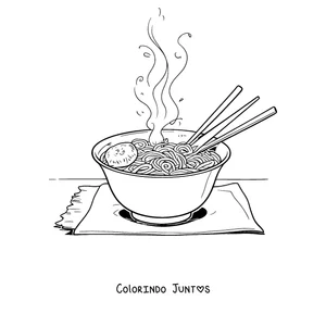 Desenho para colorir de uma tigela de ramen com palitos e vapor