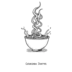 Desenho para colorir de uma tigela de ramen com macarrão e vapor subindo em espiral