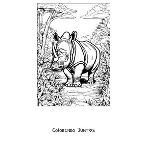 Desenho para colorir de um rinoceronte passeando pela selva