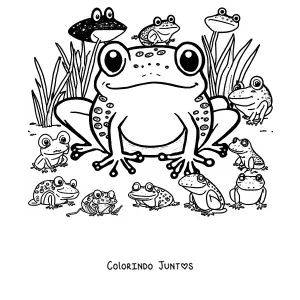 Desenho para colorir de um sapo grande cercado de muitos sapinhos