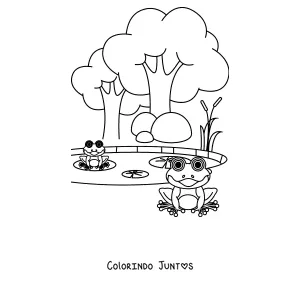Desenho para colorir de um sapo numa floresta de cogumelos