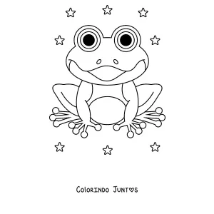 Desenho para colorir de um sapo feliz numa folha aquática cercado de estrelas