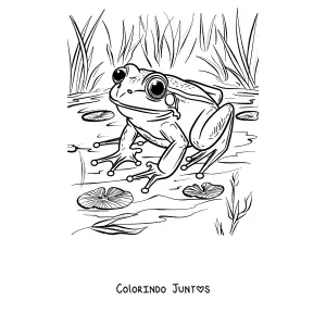 Desenho para colorir de um sapo perto do lago entre as folhas aquáticas
