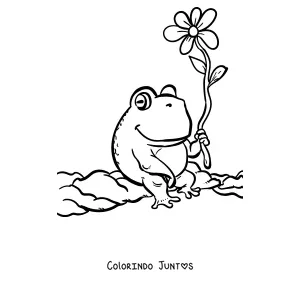 Desenho para colorir de um sapo segurando uma flor