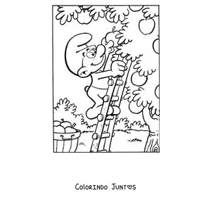 Desenho para colorir de um Smurf colhendo maçãs numa escada