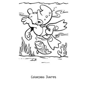 Desenho para colorir de um Smurf mergulhando entre os peixes