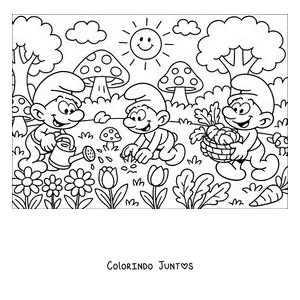Desenho para colorir de três Smurfs trabalhando na horta