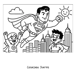 Desenho para colorir do Superman em desenho voando sobre a cidade com duas crianças super-heróis