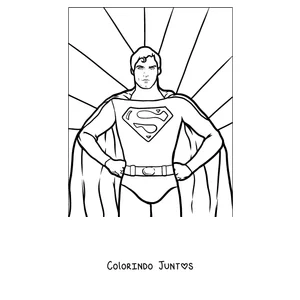 Desenho para colorir do Superman numa pose heroica com raios ao fundo