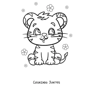 Desenho para colorir de um tigre bebê sentado entre flores