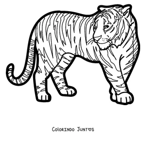 Desenho para colorir de um tigre adulto em pé de perfil