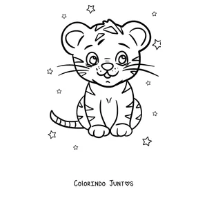 Desenho para colorir de um tigre kawaii sentado entre estrelas
