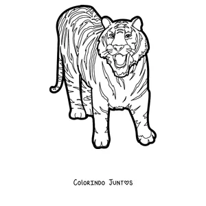 Desenho para colorir de um tigre caminhando e mostrando os dentes