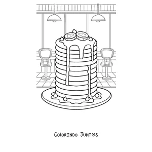 Desenho para colorir de uma torre de panquecas numa cafeteria