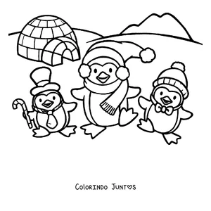 Desenho para colorir de três pinguins brincando perto de um iglu
