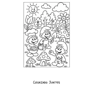 Desenho para colorir de três Smurfs no jardim da aldeia