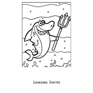Desenho para colorir de um tubarão com um tridente como rei do mar