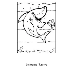 Desenho para colorir de um tubarão nadando ao lado de um peixinho