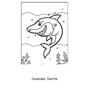 Desenho para colorir de um tubarão sorrindo nadando entre bolhas