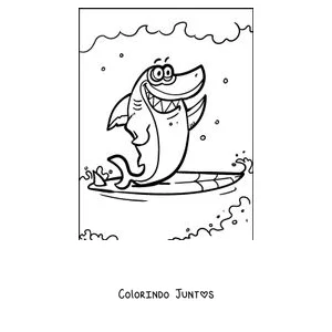 Desenho para colorir de um tubarão surfando em uma onda