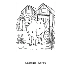 Desenho para colorir de vaca em frente ao celeiro