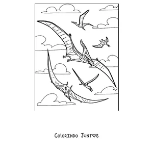 Desenho para colorir de vários pterodáctilos voando juntos no céu