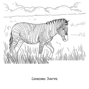 Desenho para colorir de uma zebra caminhando pelo capim alto